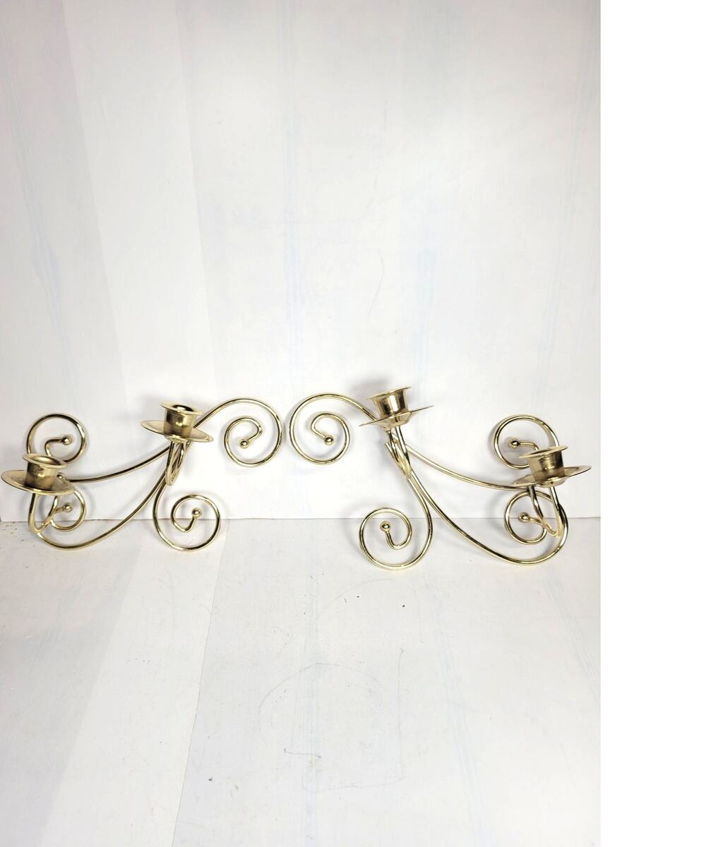 Vintage Homco Home Interiors Brass Scroll Double Taper Candle Wall Sconces Pair